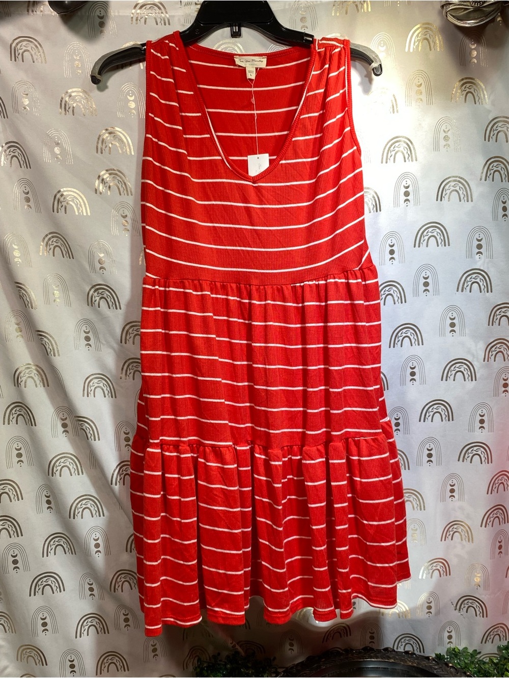 See You Monday Red & White Striped Sleeveless Midi Dress